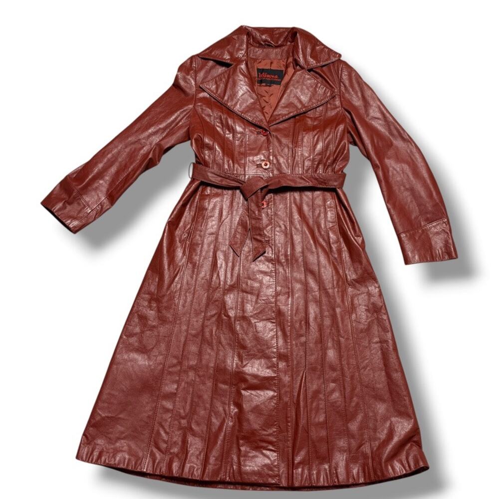 Vintage 70s Wilsons Leather Coat Maxi Trench Mahogany Brown Mod Disco Sz M